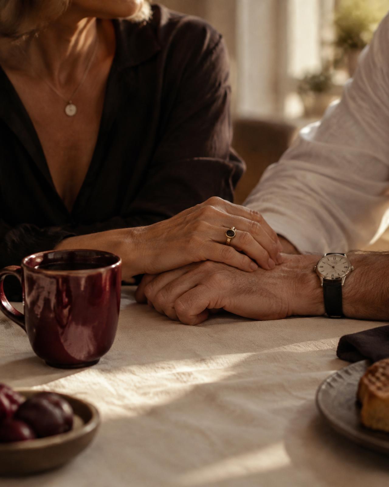 Mãos de um casal entrelaçadas sobre a mesa